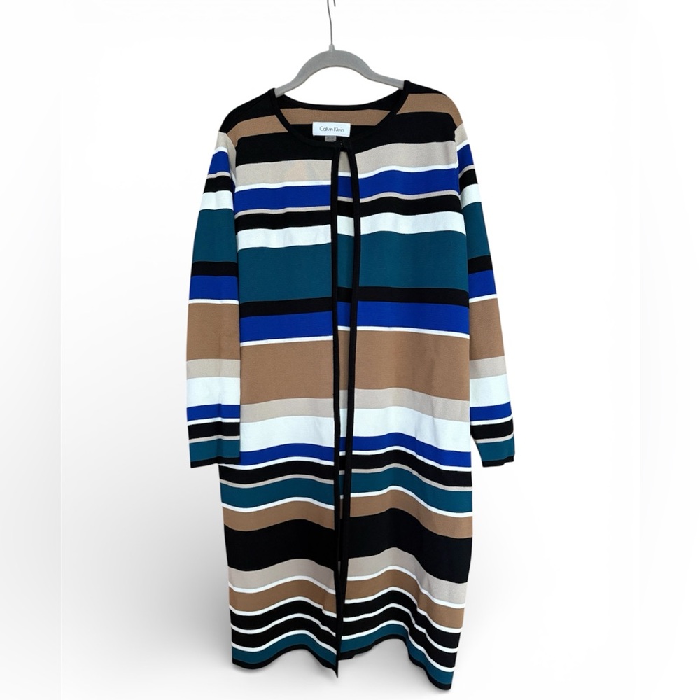 Calvin Klein Long-Sleeve Striped Cardigan Dress in Blue, Teal, Black & Tan